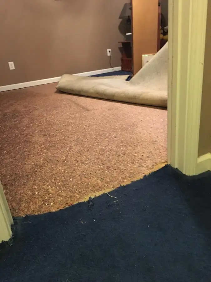 Carpet pad removal revealing water damage during Water Mitigation Services in Ponchatoula